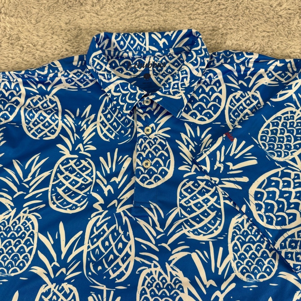 Chubbies Mens Blue White Pineapple Print Performance Stretch Polo Shirt Large